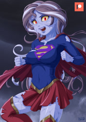 Size: 707x1000 | Tagged: safe, alternate version, artist:uotapo, sunset shimmer, equestria girls, g4, bizarro, boots, breasts, cape, clothes, costume, crossover, dc comics, fangs, female, looking at you, open mouth, shoes, skirt, socks, solo, supergirl, superhero, superman, thigh boots, thigh highs, torn clothes, zettai ryouiki