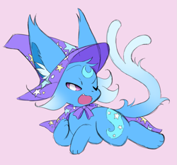 Size: 1041x965 | Tagged: safe, artist:moonphase249, trixie, espeon, g4, cape, clothes, colored sclera, crossover, female, hat, lying down, open mouth, pink background, pokefied, pokémon, simple background, solo, species swap, trixie's cape, trixie's hat
