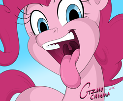 Size: 2750x2250 | Tagged: safe, artist:gizmochinasa, pinkie pie, earth pony, pony, g4, drool, drool string, esophagus, female, first person view, high res, imminent licking, imminent vore, implied vore, mare, mawshot, missing cutie mark, offscreen character, open mouth, oral invitation, pinkie pred, pov, saliva puddle, salivating, signature, slimy, solo, taste buds, tongue out, uvula