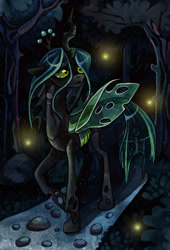 Size: 1562x2297 | Tagged: safe, artist:missopeho, queen chrysalis, changeling, changeling queen, g4, female, forest, night, solo