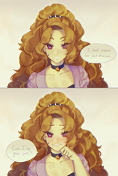 Size: 2308x3427 | Tagged: safe, artist:stummm, adagio dazzle, equestria girls, g4, adoragio, bedroom eyes, collar, comic, cute, cute little fangs, cutie mark accessory, fangs, female, high res, implied lesbian, implied shipping, implied sunsagio, implied sunset shimmer, large voluminous hair, looking at you, pet play, smiling, solo, song reference, stupid sexy adagio dazzle, text