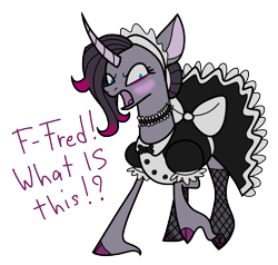 Size: 1448x1377 | Tagged: safe, artist:deacoti, oleander (tfh), classical unicorn, pony, unicorn, them's fightin' herds, angry, blushing, clothes, cloven hooves, collar, community related, dress, embarrassed, female, fishnet stockings, horn, maid, mare, oleander is not amused, open mouth, raised hoof, simple background, solo, transparent background, unshorn fetlocks