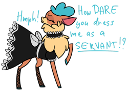 Size: 1280x929 | Tagged: safe, artist:deacoti, velvet (tfh), deer, reindeer, them's fightin' herds, angry, blue text, clothes, collar, community related, dress, eyes closed, fishnet stockings, hmph, maid, pouting, raised hoof, simple background, solo, transparent background, velvet is not amused