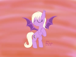 Size: 1280x960 | Tagged: safe, artist:cityflyer502, oc, oc only, oc:pinkfull night, bat pony, pony, bat pony oc, bat wings, fangs, female, flying, hooves to the chest, solo, sunset, teenager, wings