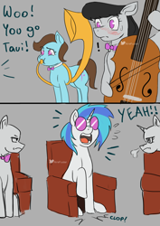 Size: 2480x3508 | Tagged: safe, artist:nire, beauty brass, dj pon-3, octavia melody, vinyl scratch, earth pony, pony, unicorn, g4, blushing, bow (instrument), bowtie, cello, chair, cheering, clapping, confused, embarrassed, glasses, high res, musical instrument, seats, sousaphone, stomping