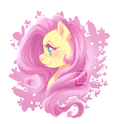 Size: 851x900 | Tagged: safe, artist:yami-sempai, fluttershy, butterfly, pony, g4, blushing, bust, cute, ear fluff, female, mare, portrait, profile, shyabetes, smiling, solo