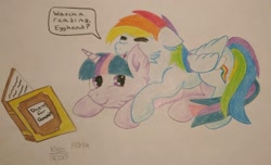 Size: 2515x1534 | Tagged: safe, artist:raindasher14, rainbow dash, twilight sparkle, alicorn, pegasus, pony, g4, book, bookhorse, cheek fluff, cuddling, egghead, female, fluffy, lesbian, photo, ship:twidash, shipping, snuggling, surprise hug, traditional art, twilight sparkle (alicorn)