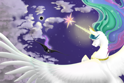 Size: 1500x1000 | Tagged: safe, artist:arickoworkshop, nightmare moon, princess celestia, alicorn, pony, g4, cloud, crown, duo, eclipse, element of magic, female, fight, flying, glowing horn, horn, jewelry, mare, moon, peytral, regalia, spread wings, wings