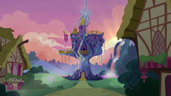 Size: 1280x720 | Tagged: safe, screencap, every little thing she does, g4, background, dawn, no pony, ponyville, scenic ponyville, twilight's castle