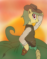 Size: 1939x2434 | Tagged: safe, artist:shappy the lamia, oc, oc:shappy, earth pony, hybrid, lamia, original species, pony, semi-anthro, afternoon, arm hooves, bullet, cigar, cigarette, cliff, clothes, coiling, cowboy, cowboy hat, cowgirl, desert, determined, duel, dust, eye contact, fangs, gun, hat, holster, hooves up, knife, long sleeves, long tail, looking at each other, old west, proud, red eyes, scales, shirt, shooting, short mane, slit pupils, snake eyes, snake tail, stick, sun, sunset, vest, weapon, western