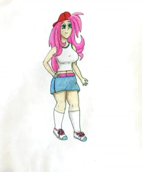 Size: 1352x1641 | Tagged: safe, artist:martialarts2003, fluttershy, equestria girls, g4, 90s grunge fluttershy, belly button, breasts, busty fluttershy, clothes, denim skirt, female, gameloft interpretation, hand on hip, hat, long hair, midriff, shirt, skirt, solo, tank top, traditional art