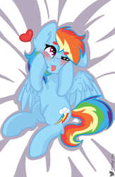 Size: 2283x3508 | Tagged: safe, artist:minty joy, rainbow dash, pegasus, pony, :p, backwards cutie mark, beanbrows, bed, blushing, chest fluff, commission, cute, dakimakura cover, dashabetes, ear fluff, eyebrows, heart, heart eyes, hooves on cheeks, hug, leg fluff, one eye closed, pillow, pillow hug, solo, spread wings, squishy cheeks, tongue out, wingding eyes, wings, wink