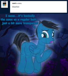 Size: 7200x8064 | Tagged: safe, artist:agkandphotomaker2000, oc, oc:pony video maker, ghost, pegasus, pony, undead, tumblr:pony video maker's blog, ask, butt, dialogue, dock, forest, forest background, night, not canon to oc, pegasus booty, plot, show accurate, transparent, tumblr