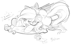 Size: 1834x1145 | Tagged: safe, artist:breloomsgarden, oc, oc only, oc:bay breeze, pegasus, pony, clothes, cute, female, gamer, headset, mare, monochrome, mountain dew, pillow, sketch, socks, striped socks, tired, traditional art