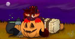 Size: 2666x1390 | Tagged: safe, artist:rokosmith26, oc, oc only, oc:dark madness, alicorn, pony, bubble, cauldron, chibi, claws, cloud, cloudy, commission, crown, ear piercing, earring, eyeshadow, grass, grass field, halloween, hat, hay, hay bale, holiday, horn, jewelry, makeup, moon, piercing, pot, pumpkin, regalia, solo, spider web, spread wings, tail, teeth, tongue out, tooth, wings, witch hat, ych result