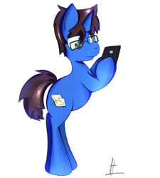 Size: 1024x1138 | Tagged: safe, artist:almaustral, oc, oc only, pony, unicorn, bipedal, cellphone, glasses, hoof hold, horn, phone, signature, simple background, smartphone, solo, unicorn oc, white background