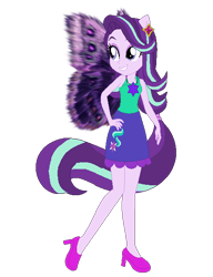 Size: 474x616 | Tagged: safe, artist:nsmah, artist:user15432, starlight glimmer, fairy, human, equestria girls, g4, base used, clothes, cutie mark, cutie mark on clothes, dress, element of justice, fairy wings, fairyized, green dress, hand on hip, high heels, jewelry, necklace, pink shoes, ponied up, purple wings, shoes, simple background, solo, transparent background, wings