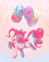 Size: 2941x3681 | Tagged: safe, artist:pinxie, artist:ribbonpinxie, pinkie pie, earth pony, pony, g4, balloon, confetti, cute, cutie mark, diapinkes, female, floating, high res, implied applejack, implied fluttershy, implied rainbow dash, implied rarity, implied twilight sparkle, mare, open mouth, pixiv, solo, then watch her balloons lift her up to the sky