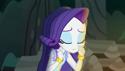 Size: 1920x1080 | Tagged: safe, edit, edited screencap, editor:mycarhasamoustache, screencap, rarity, equestria girls, g4, my little pony equestria girls: legend of everfree, camp everfree outfits, eyes closed, female, jewelry, smile edit, solo