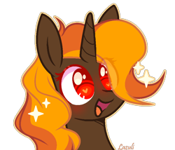 Size: 840x720 | Tagged: safe, artist:mint-light, oc, oc only, oc:firebreak, pony, unicorn, bust, commission, genderqueer, heart eyes, horn, open mouth, signature, simple background, smiling, solo, transparent background, unicorn oc, wingding eyes, ych result