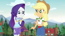 Size: 1920x1080 | Tagged: safe, screencap, applejack, rarity, equestria girls, g4, my little pony equestria girls: legend of everfree, camp everfree outfits, clothes, cutie mark, cutie mark on clothes, duo, female, looking at each other