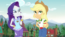Size: 1920x1080 | Tagged: safe, screencap, applejack, rarity, equestria girls, g4, my little pony equestria girls: legend of everfree, camp everfree outfits, clothes, cutie mark, cutie mark on clothes, duo, female