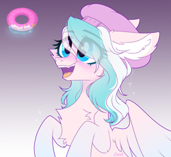 Size: 2726x2495 | Tagged: safe, artist:mint-light, oc, oc only, oc:foxyhollows, pegasus, pony, beret, blushing, bust, chest fluff, commission, donut, eye clipping through hair, food, gradient background, hat, high res, looking up, open mouth, pegasus oc, smiling, solo, wings, ych result