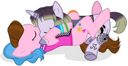Size: 3233x1680 | Tagged: safe, artist:unichan, oc, oc only, oc:glitter ink, oc:sunshine smiles (ice1517), earth pony, pony, unicorn, choker, clothes, commission, ear piercing, earring, eyes closed, female, fishnet clothing, hug, jewelry, kissing, lesbian, mare, multicolored hair, oc x oc, piercing, shipping, simple background, tank top, tattoo, transparent background, unshorn fetlocks, wristband, ych result