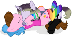 Size: 3233x1680 | Tagged: safe, alternate version, artist:unichan, oc, oc only, oc:glitter ink, oc:sunshine smiles (ice1517), earth pony, pony, unicorn, black socks, choker, clothes, commission, ear piercing, earring, eyes closed, female, fishnet clothing, hug, jewelry, kissing, lesbian, multicolored hair, oc x oc, piercing, rainbow socks, shipping, simple background, socks, stockings, striped socks, tank top, tattoo, thigh highs, transparent background, unshorn fetlocks, wristband, ych result