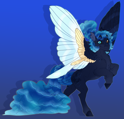 Size: 1563x1500 | Tagged: safe, artist:seffiron, oc, oc only, oc:evening tide, pegasus, pony, colored wings, heterochromia, male, multicolored wings, offspring, parent:nightmare moon, parents:canon x oc, solo, stallion, wings