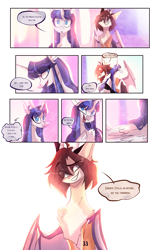 Size: 2465x3830 | Tagged: safe, artist:iheyyasyfox, oc, oc only, oc:angel duke, oc:stella alba nyx, alicorn, hybrid, pony, comic:next gen:the adventures of stella, high res, interspecies offspring, offspring, parent:discord, parent:flash sentry, parent:princess celestia, parent:twilight sparkle, parents:dislestia, parents:flashlight