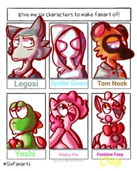 Size: 1080x1350 | Tagged: safe, artist:lilothecookie, pinkie pie, earth pony, human, pony, raccoon, wolf, yoshi, anthro, g4, animal crossing, animatronic, anthro with ponies, beastars, bowtie, bust, clothes, crossover, female, five nights at freddy's, funtime foxy, legosi (beastars), looking up, male, mare, marvel, mask, one eye closed, open mouth, six fanarts, spider-gwen, spider-man: into the spider-verse, super mario bros., tom nook, wink