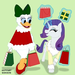 Size: 1080x1080 | Tagged: safe, artist:stargazerseven, rarity, bird, duck, pony, unicorn, anthro, g4, anthro with ponies, bag, clothes, crossover, daisy duck, duo, eyes closed, female, glowing horn, green background, high heels, horn, magic, shoes, simple background, telekinesis