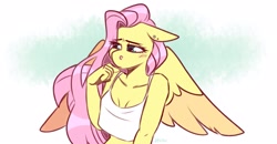 Size: 2579x1342 | Tagged: safe, artist:lrusu, fluttershy, pegasus, anthro, g4, blushing, bust, clothes, ear piercing, floppy ears, looking away, piercing, shy, solo, spread wings, top, wings