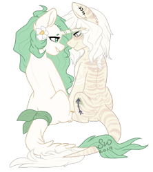 Size: 1063x1198 | Tagged: safe, artist:silentwolf-oficial, oc, oc only, earth pony, pony, duo, ear piercing, earring, earth pony oc, flower, flower in hair, jewelry, leonine tail, looking at each other, piercing, simple background, sitting, transparent background