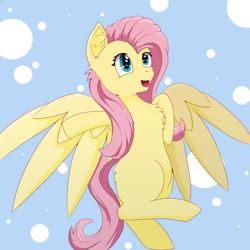 Size: 1200x1200 | Tagged: safe, artist:morrigun, fluttershy, pegasus, pony, g4, blue background, eyes open, female, fluffy, mare, open mouth, pastel, simple background, smiling, solo, spread wings, wings