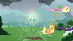 Size: 1920x1080 | Tagged: safe, screencap, applejack, fluttershy, rarity, spike, dragon, earth pony, pony, g4, the ending of the end, bell, grogar's bell, hooves up, lasso, rope, running away, winged spike, wings