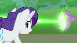 Size: 1920x1080 | Tagged: safe, screencap, rarity, spike, dragon, pony, unicorn, g4, season 9, the ending of the end, blast, dragon wings, duo, duo male and female, eyes closed, female, flying, frown, implied queen chrysalis, looking back, magic, magic blast, male, mare, open mouth, running, spread wings, winged spike, wings