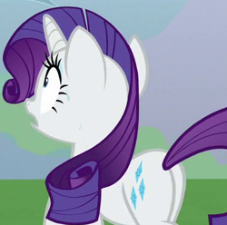 Size: 379x376 | Tagged: safe, screencap, rarity, pony, g4, the ending of the end, butt, open mouth, plot, shocked, shrunken pupils, solo, sweat