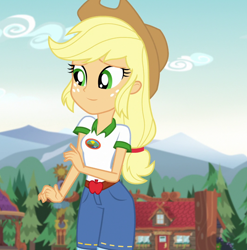 Size: 1066x1080 | Tagged: safe, edit, edited screencap, editor:mycarhasamoustache, screencap, applejack, equestria girls, g4, my little pony equestria girls: legend of everfree, camp everfree outfits, cropped, cute, female, jackabetes, smile edit, solo