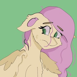 Size: 768x768 | Tagged: safe, artist:dellieses, fluttershy, pegasus, pony, g4, bust, eyebrows, eyebrows visible through hair, female, frown, green background, mare, simple background, solo
