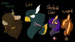 Size: 1280x712 | Tagged: safe, artist:lepiswerid, oc, oc only, oc:luiz, oc:starstruck glow, oc:sunspeck, oc:usama mirnia, earth pony, griffon, pony, unicorn, yak, adopted oc, adopted offspring, brother and sister, bust, child, colored wings, cutie mark, ear piercing, earring, female, griffon oc, horn, horn ring, jewelry, male, piercing, portrait, ring, scar, siblings, tired, wings, yak oc
