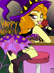 Size: 3780x5142 | Tagged: safe, artist:dncsamsonart, adagio dazzle, equestria girls, g4, adagio dat-azzle, barstool, caramel apple (food), clothes, costume, female, halloween, halloween costume, hat, holiday, kneeling, looking at you, looking back, looking back at you, solo, spider web, tongue out, witch, witch hat