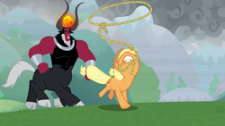 Size: 1920x1080 | Tagged: safe, screencap, applejack, lord tirek, centaur, earth pony, pony, g4, the ending of the end, bracer, cloven hooves, colored hooves, cowboy hat, duo, female, hat, lasso, male, mare, mouth hold, nose in the air, nose piercing, nose ring, piercing, rope, running, septum piercing