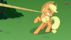 Size: 1920x1080 | Tagged: safe, screencap, applejack, earth pony, pony, g4, the ending of the end, female, mare, mouth hold, solo
