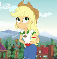 Size: 1040x1080 | Tagged: safe, edit, edited screencap, editor:mycarhasamoustache, screencap, applejack, equestria girls, g4, my little pony equestria girls: legend of everfree, camp everfree outfits, clothes, cropped, cute, cutie mark, cutie mark on clothes, female, jackabetes, smile edit, solo