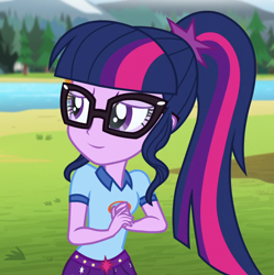 Size: 928x930 | Tagged: safe, edit, edited screencap, editor:mycarhasamoustache, screencap, sci-twi, twilight sparkle, equestria girls, g4, legend of everfree, camp everfree outfits, cropped, female, smile edit, solo
