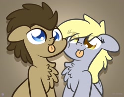 Size: 3250x2560 | Tagged: dead source, safe, artist:php142, derpy hooves, doctor whooves, time turner, earth pony, pegasus, pony, g4, :p, brown background, chest fluff, cute, derpabetes, doctorbetes, female, high res, male, mare, ship:doctorderpy, shipping, silly, silly pony, simple background, sitting, stallion, straight, tongue out