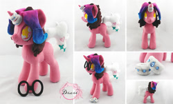 Size: 2000x1205 | Tagged: safe, artist:dixierarity, oc, oc only, oc:lotus blossom, pony, unicorn, commission, crystal, female, glasses, gradient, handmade, irl, jewelry, mare, multiple views, photo, plushie, ring, swarovski