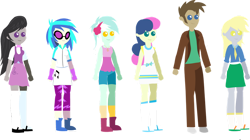 Size: 1024x574 | Tagged: safe, artist:archooves, bon bon, derpy hooves, dj pon-3, doctor whooves, lyra heartstrings, octavia melody, sweetie drops, time turner, vinyl scratch, equestria girls, g4, background six, equestria girls-ified, pointy people, simple background, transparent background